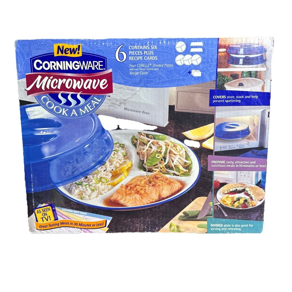 Vtg NOS Corningware Corelle Microwave 6PC Divided Plate & Cover Cook‎ A Meal Set